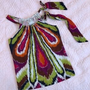 TRINA TURK Silk Colorful Tie Neck Sleeveless Tank